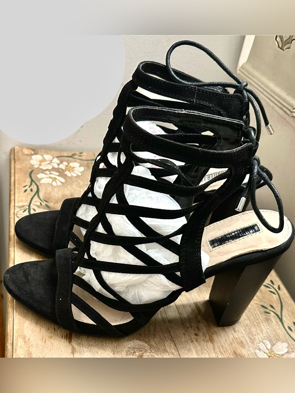 black strappy cage high heels by JLO Jennifer Lopez, featuring an open-toe desig
